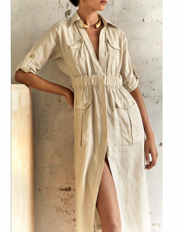 Available Now! 6 Pocket Safari Dress - Cream - MADE TO DEMAND